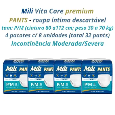Fralda Pants Adulto Mili Vita Care  Tam P/M premium 4 pacotes c/ 8 (total 32)