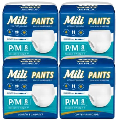 Fralda Pants Adulto Mili Vita Care  Tam P/M premium 4 pacotes c/ 8 (total 32)