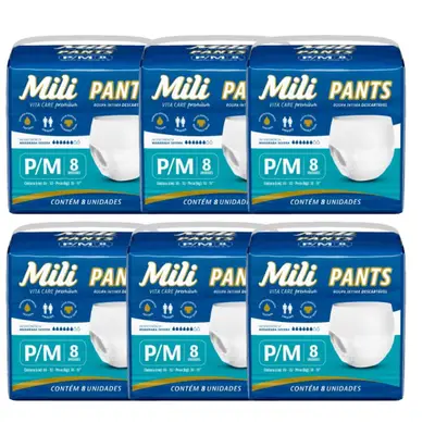 Fralda Pants Adulto Mili Vita Care Tam P/M premium 6 pacotes c/ 8 (total 48)