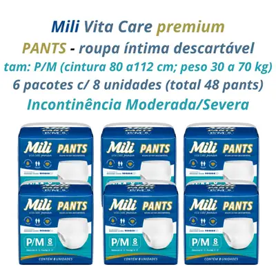 Fralda Pants Adulto Mili Vita Care Tam P/M premium 6 pacotes c/ 8 (total 48)
