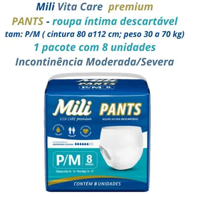 Fralda Pants Adulto Mili Vita Care  Tam P/M premium pacote c/ 8