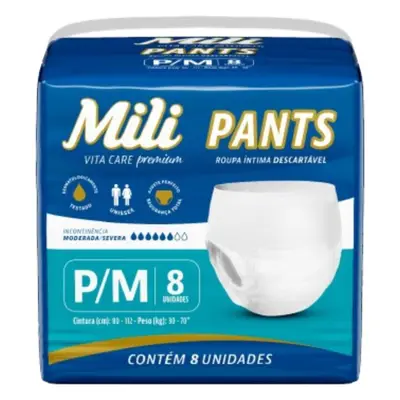 Fralda Pants Adulto Mili Vita Care  Tam P/M premium pacote c/ 8