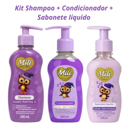 Kit Shampoo Condicionador Sabonete líquido Lavanda Noite Traqnuila  Mili Love &amp; Care Premium 200 ml