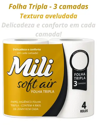 Papel Higienico Folha Tripla Soft Air Mili Pacote c/ 4 rolos de 20mx10cm
