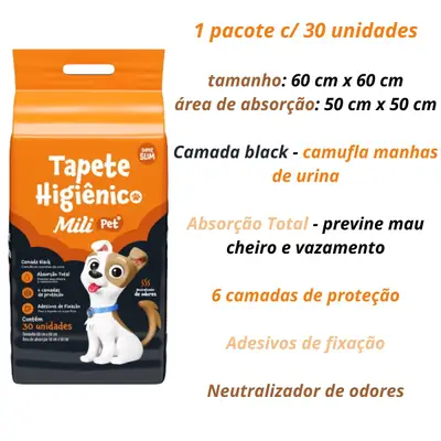 Tapete Higiênico Mili PET Pacote c/ 30  Super Slim Neutralizador de Odores