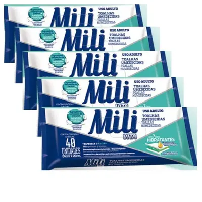 Toalhas Umedecidas Mili Vita (uso Adulto) - 5 Pacotes C/40 Unidades (total: 200 unid)