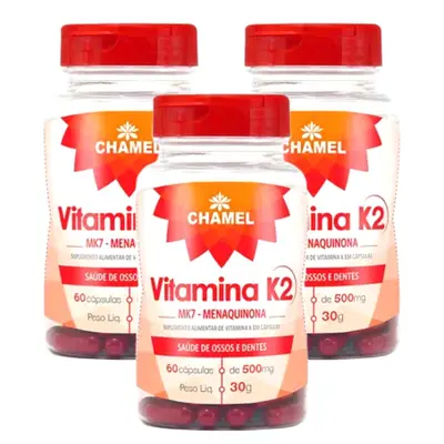 Vitamina K2 MK7 Menaquinona  - 3 Frascos de 60 cápsulas de 500 mg   Chamel