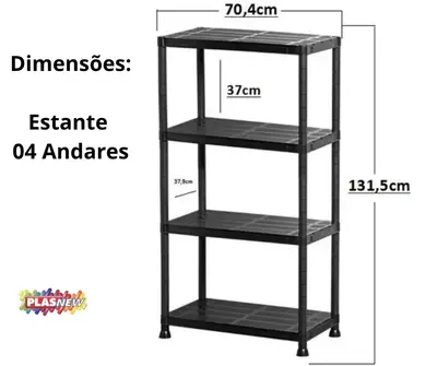 Estante Prateleira Multiuso Preta 4 Andares Reforçada Plasnew