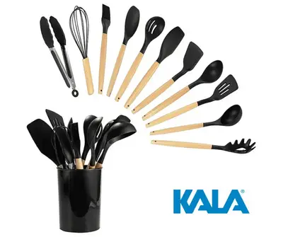 Jogo De Utensílios Cozinha Silicone Cabo Madeira 12 Pç Kala
