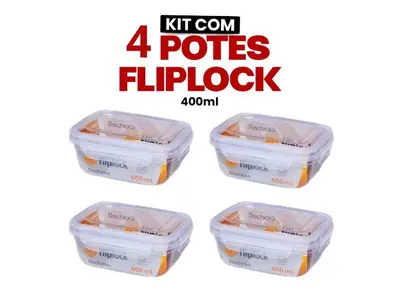 Kit 4 Potes Retagulares Fliplock Em Plástico 400ml-rischioto