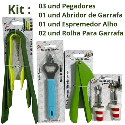 Kit Cozinha Mult Abridor Pegador Amassador Alho Tampa Rolha