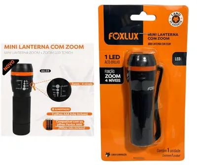 Lanterna 1 Led Foxlux Preta Mini ComZoon 4 Niveis Luz Branca