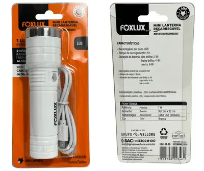Mini Lanterna Recarregável 1 Led 2 Níveis C/ Cabo Usb Foxlux