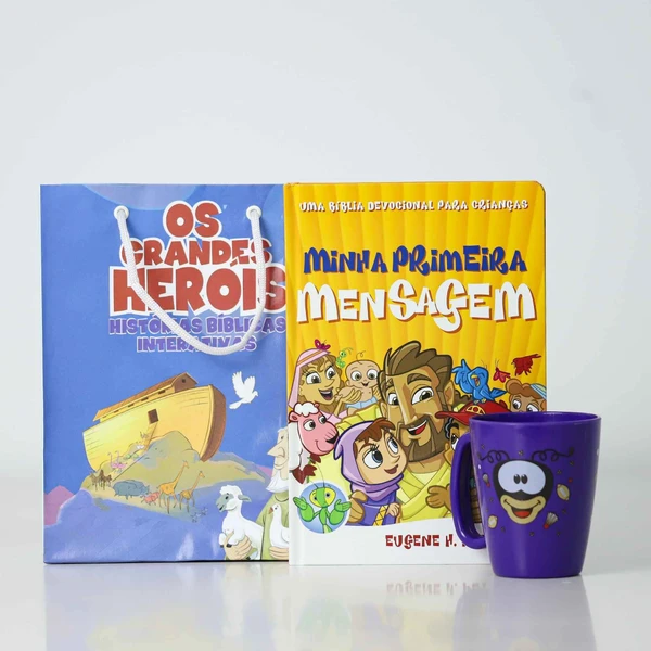 Kit Presente Cristão Infantil | Bíblia Devocional Minha Primeira Mensagem + Caneca roxa + Sacola Personalizada