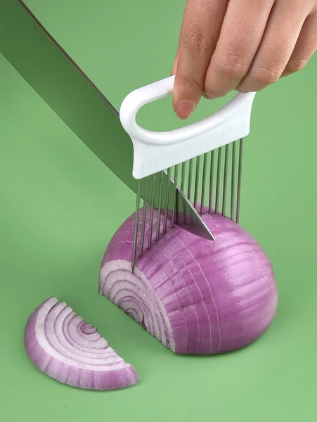 Fatiar cebola sem esforço com este 1pc colorido cortador de cebola cozinha aço inoxidável batata chip cebola titular