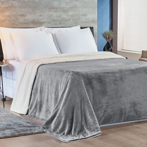 Cobertor King Alaska Dupla Face Sherpa/Mantinha - Cinza - Flanel 100% poliester