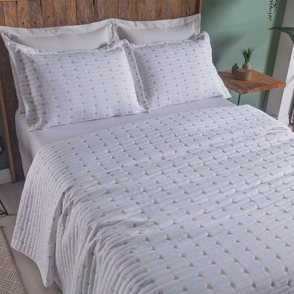 Cobre Leito Casal Padrão Decor Bordado 200 Fios 3 Peças - Branco - Hipercal 100% Poliéster