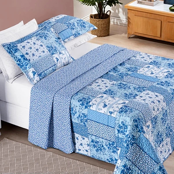 Colcha King Bouti Estampada Dupla Face 3 Peças - Azul Sereno