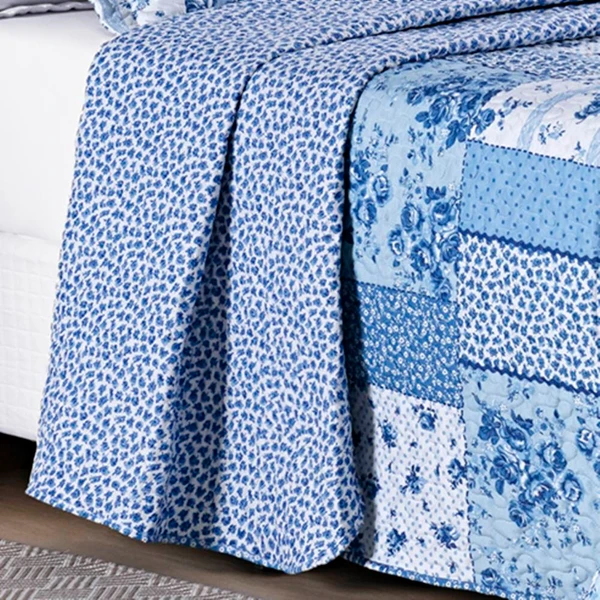 Colcha King Bouti Estampada Dupla Face 3 Peças - Azul Sereno