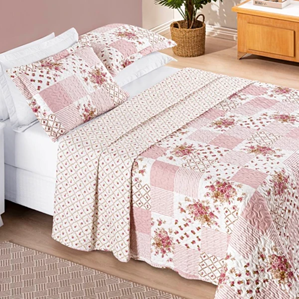 Colcha Queen Bouti Estampada Dupla Face 3 Peças - Rosa Matura