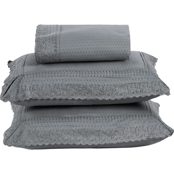 Colcha Queen Home Paris com Bordado Inglês Micropercal 300 Fios Toque de Algodão 3 Peças - Chumbo - 100% Poliéster