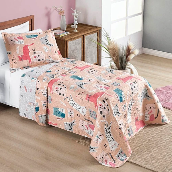 Colcha Solteiro Bouti Kids Dupla Face Estampado 2 Peças - Gatinha