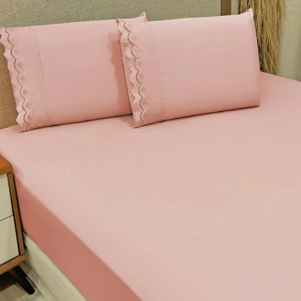 Jogo de Lençol Casal Padrão Bordado Ingles Micropercal 300 Fios Toque de Algodão 3 Peças - Rose