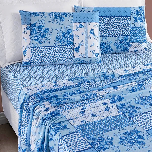 Jogo de Lençol Casal Padrão Bouti Estampado 4 Peças - Azul Sereno
