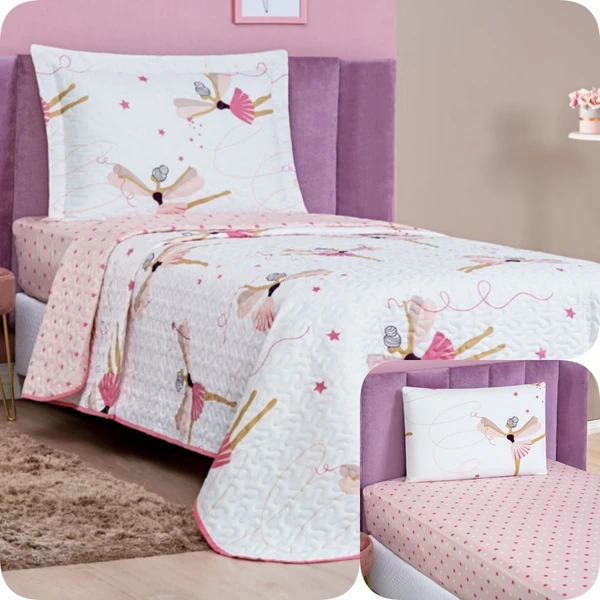 Kit Colcha Solteiro Bouti Kids com Jogo de Lençol - 4 Peças Bailarina