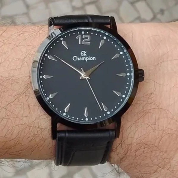 Relógio Champion masculino preto couro CH22715N