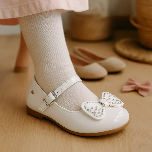 Sapato  infantil menina Pampili Mini Angel duplo laço branco verniz