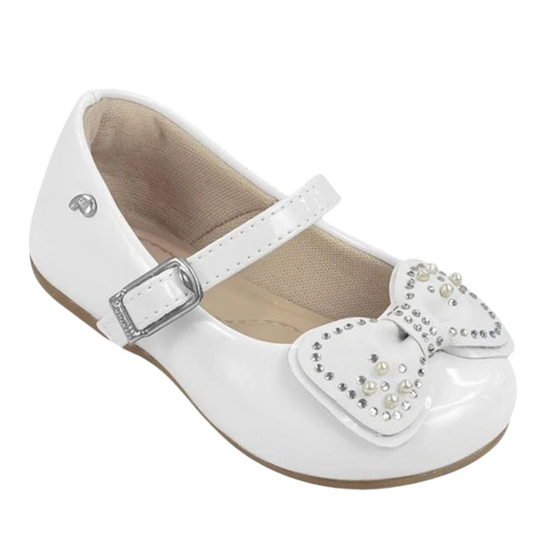 Sapato  infantil menina Pampili Mini Angel duplo laço branco verniz